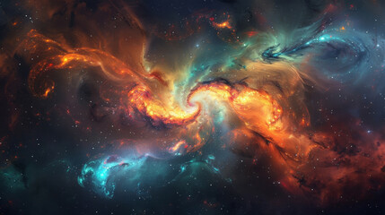 A mysterious nebula swirls with vibrant colors and gaseous clouds. . . - obrazy, fototapety, plakaty