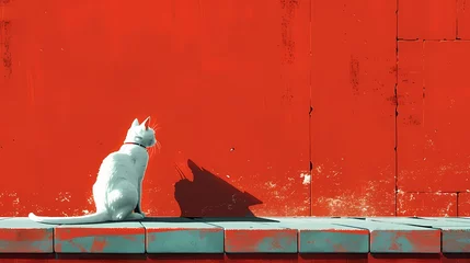 Foto op Aluminium Minimalist traditional red wall and cat illustration poster background © jinzhen