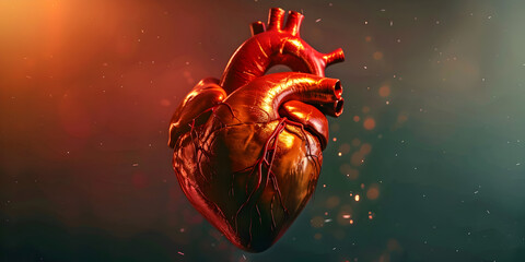 red heart human heart anatomy in dark backgroung, vein, capillaries, arteries 

