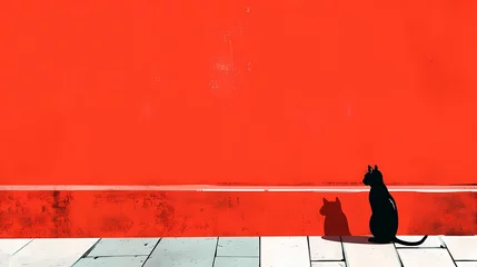 Outdoor kussens Minimalist traditional red wall and cat illustration poster background © jinzhen