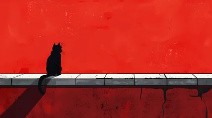 Schilderijen op glas Minimalist traditional red wall and cat illustration poster background © jinzhen