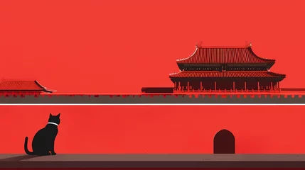Gordijnen Minimalist traditional red wall and cat illustration poster background © jinzhen