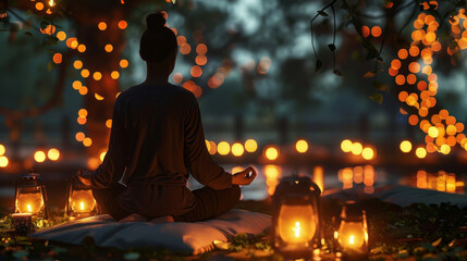 A person sits on a cushion surrounded by flickering lanterns their hands resting gently on their lap as they focus on their breathing. . .