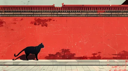 Outdoor kussens Minimalist traditional red wall and cat illustration poster background © jinzhen