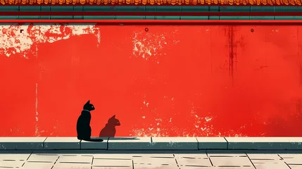 Zelfklevend Fotobehang Minimalist traditional red wall and cat illustration poster background © jinzhen