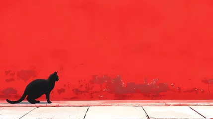 Gordijnen Minimalist traditional red wall and cat illustration poster background © jinzhen