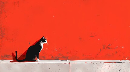 Minimalist traditional red wall and cat illustration poster background
