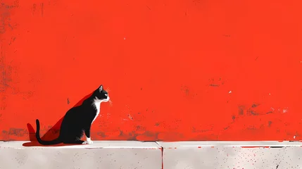 Foto op Canvas Minimalist traditional red wall and cat illustration poster background © jinzhen
