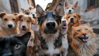 Group of Dogs and Cats selfie Together