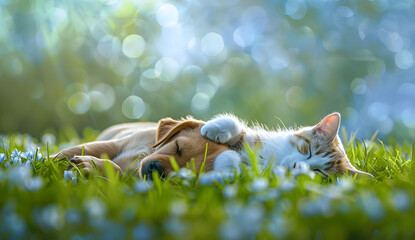 Cat and dog together in the green grass on a sunny summer day