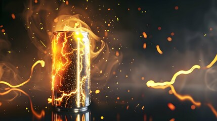 Creative concept banner to advertise an energy drink in an aluminum can. Energy drink with lightning and flashes, symbols of energy. 3d render illustration style