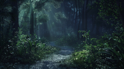 A winding path through a dreamy wilderness dappled with moonlight filtering through dense foliage. Shadows dance on the forest floor . .