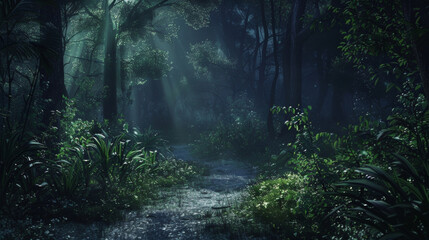 Obraz premium A winding path through a dreamy wilderness dappled with moonlight filtering through dense foliage. Shadows dance on the forest floor . .