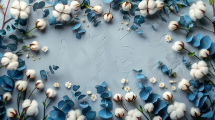 Composition of flowers arranged in a flat lay. The frame consists of cotton flowers and fresh eucalyptus twigs on a light gray backdrop. View from above with space for text