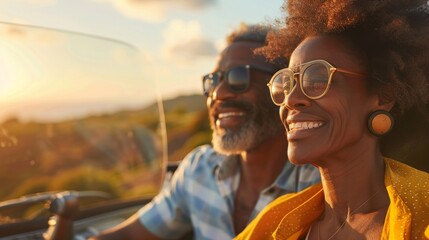 moment of a mixed-race couple in their early 70s, adorned in casual, vibrant attire, as they pause their electric vehicle on a scenic overlook, stepping out to stretch and breathe in the fresh - obrazy, fototapety, plakaty