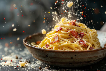 Spaghetti carbonara on dish with ham floating for advertising