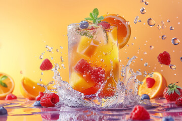 Fruit juice with splash water on pastel background
