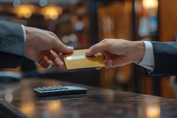 Business man using credit card at hotel