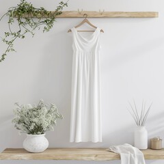 white dress mockup, lovely dress hanging from the hanger, white wall background, 3d render