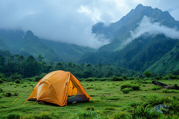 Camping tent with mountain background
