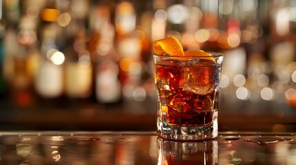 glass of alcoholic drink on counter in bar