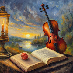 책, 바이올린, 촛불, 낭만적 인 풍경, 저조도, 풍부한 유화