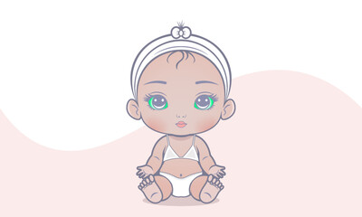 Vector sitting cute little baby doll girl. Kawaii kid with big green eyes. Young beautiful fashionable model with swimsuit.