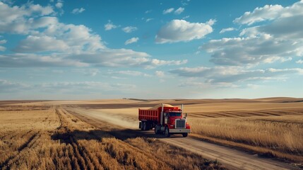 Fototapeta premium Vibrant Truck Carries Grain Through Scenic Rural Landscape During Harvest Season