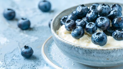 healthy and creamy skyr with blueberries in a bowl on a light blue concrete plate