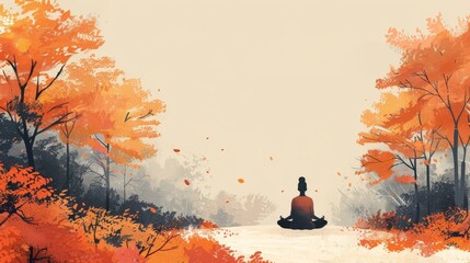 minimalist illustration of a person meditating in a tranquil forest, surrounded by warm tones and subtle pops of orange - obrazy, fototapety, plakaty