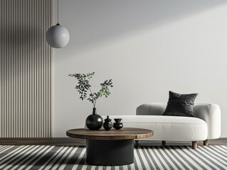 Stylish living room interiors with a sofa placed next to a window, wall panels a small table