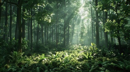 View Rainforest Background for International Day of Forests. The mystical nature of the rainforest. Beautiful nature landscape. - obrazy, fototapety, plakaty