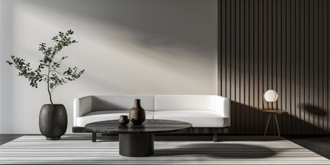 Stylish living room interiors with a sofa placed next to a window, wall panels a small table