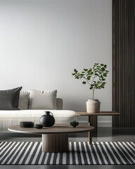 Stylish living room interiors with a sofa placed next to a window, wall panels a small table