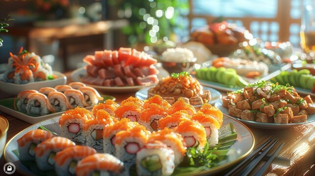 Culinary Delights: mouthwatering composition featuring a table spread with an array of delicious international dishes, from sushi and tapas to curry and pasta