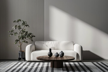 Fototapeta na wymiar Stylish living room interiors with a sofa placed next to a window, wall panels a small table