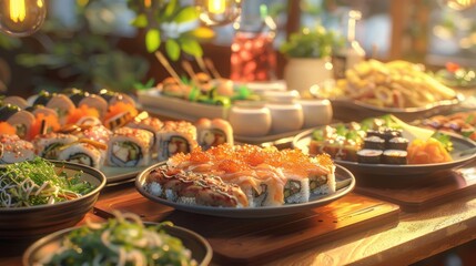 Fototapeta premium Culinary Delights: mouthwatering composition featuring a table spread with an array of delicious international dishes, from sushi and tapas to curry and pasta