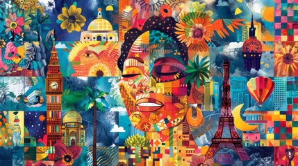 Cultural Kaleidoscope: vibrant mosaic of cultural symbols and traditions from diverse regions around the globe, including dance, music, art, and cuisine - obrazy, fototapety, plakaty