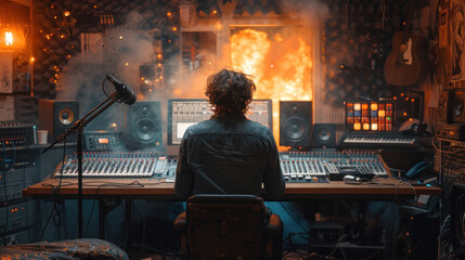 A male artist in a studio with a computer mixing desk, collaborating with an audio engineer on...