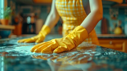 A cleaning expert works methodically, conquering kitchen messes, restoring countertops and appliances to a pristine state