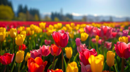 Tulip Field, Vast tulip field with colorful blooms under the sun.