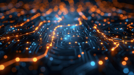 Creative polygonal circuit hologram on blue background, symbolizing the future of online banking.