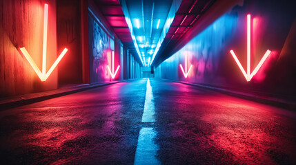 An impressive image of glowing pink and blue neon arrows pointing down in a modern tunnel, conceptually representing decline or downward trend - obrazy, fototapety, plakaty