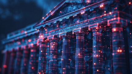 Fototapeta na wymiar Digital finance visualization: Polygonal circuit hologram on blue backdrop, illustrating the concept of online banking.