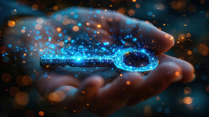 Digital innovation: Glowing key in hand, unlocking the future of technology.