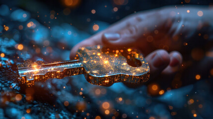 Digital key to the future: Hand holding a glowing key, unlocking technology.