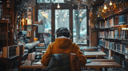 Educational Endeavor: image of a student studying diligently in a cozy library or coffee shop