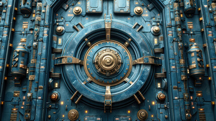Obraz na płótnie Canvas Modern bank security: Electric blue vault door with intricate circular design, reminiscent of a luxury car part.