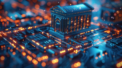 Polygonal circuit banking hologram on blue backdrop, illustrating the concept of digital banking.