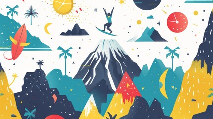 Fototapeta na wymiar A colorful drawing of mountains, a surfboarder, and a clock
